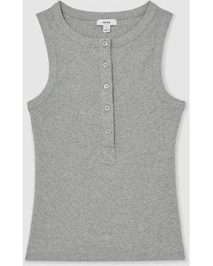 Reiss Stretch-Cotton Ribbed Henley Vest - Gray