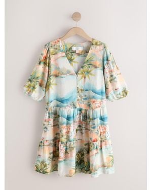 Next Short Sleeve Button Through Tiered Mini Dress With Linen - Blue