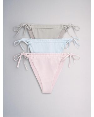 The Set High Leg 3 Pack Tie Bikini Bottoms/Khaki - White