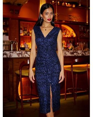 Yumi' Sequin Fitted Wrap With Split Hem Dress - Blue