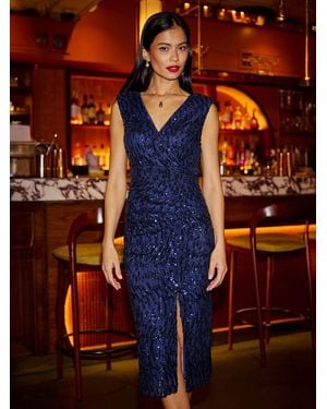 Yumi' Sequin Fitted Wrap With Split Hem Dress - Blue