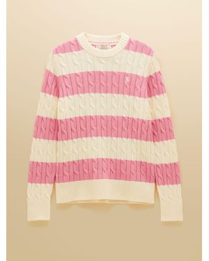 Joules Striped Classic Crew Neck Cotton Cable Knit Jumper - Pink