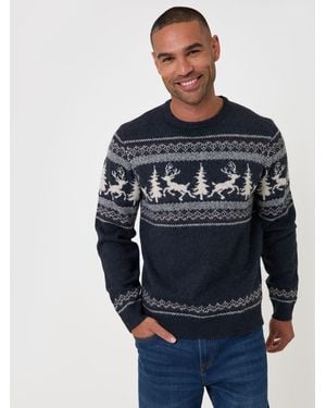 Threadbare Reindeer Forest Fairisle Christmas Sweater - Blue