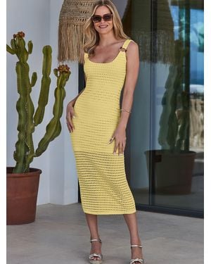 Sosandar Crochet Ring Detail Midi Dress - Yellow
