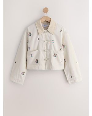 Next Cord Collar Cotton Floral Embroidered Jacket - Natural