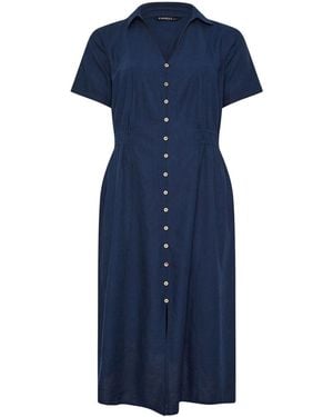 Evans Linen Blend Shirred Waist Midi Dress - Blue