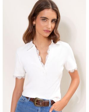 Lipsy Lace Trim Short Sleeve Polo Shirt - Weiß