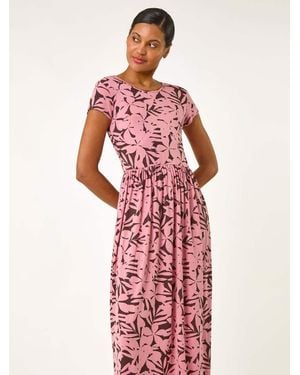 Roman Floral Print Stretch Midi Dress - Red