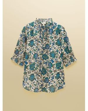 Joules Melanie & Floral Short Sleeve Frill Blouse - Blue
