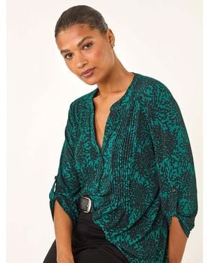 Roman Abstract Print Pintuck Stretch Blouse - Green