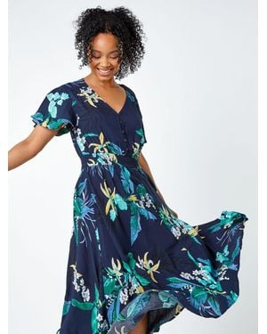 Roman Petite Floral Shirred Midi Dress - Blue