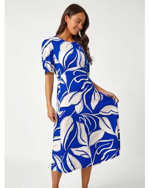 Roman Petite Leaf Stretch Midi Dress - Blue