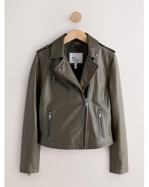 Next Khaki N. Premium Real Leather Biker Jacket - Green
