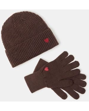 Accessorize Heart Embroidered Hat & Gloves Set - Brown