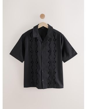 Next 100% Cotton Textured Broderie Short Sleeve Shirt - Black