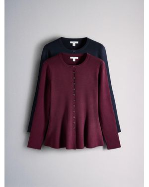 The Set 2 Pack Fine Knitted Crew Neck Peplum Cardigans/Bugundy - Purple