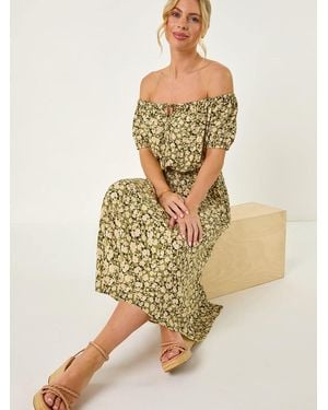 Roman Petite Ditsy Print Bardot Midi Dress - Natural