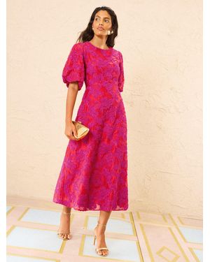 Love & Roses Textured Puff Sleeve Crew Neck Midi Dress - Pink