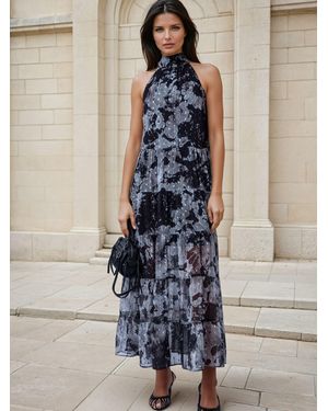 Religion Citrine Tiered Maxi Halter Neck Occasion Dress - Blue