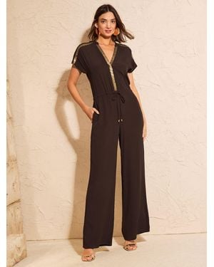 Love & Roses Sequin Trim V-Neck Jumpsuit - Natural