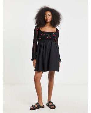 Simply Be Cherry Embroidered Crochet Skater Dress - Black