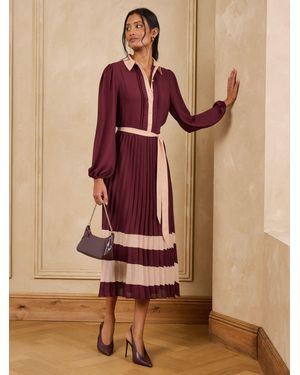 Love & Roses Colourblock Pleated Belted Midi Shirt Dress - Braun