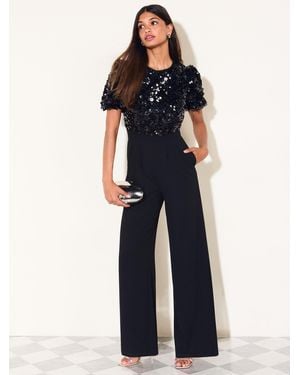 Friends Like These Petite Short Sleeve Floral Sequin Jumpsuit - Blue