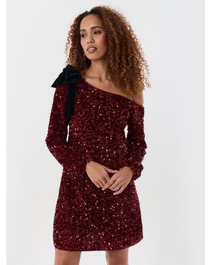 Threadbare Sequin Slash Neck Dress With Bow Detail - Red