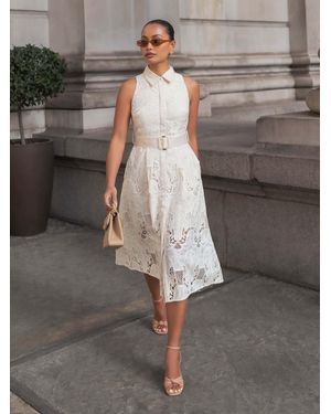 Lipsy Premium Lace Belted Sleeveless Shirt Dress - Gray