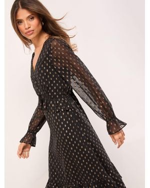 Lipsy Petite Metallic Spot V-Neck Ruffle Midi Dress - Black