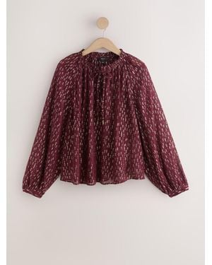Next Berry/ Metallic Tie Neck Long Sleeve Blouse - Red