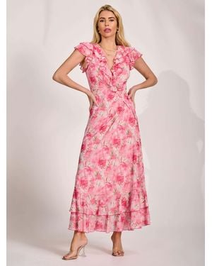 Jolie Moi Ruffle V-Neck Mesh Maxi Dress - Pink
