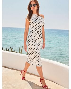 Sosandar Polka Dot Print Off The Shoulder Belted Midi Dress - Blue