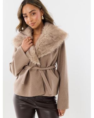 Threadbare Faux Wool Belted Coat With Faux Fur Collar - Natural