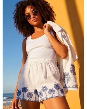 Roman Palm Embroidered Shorts - Blue