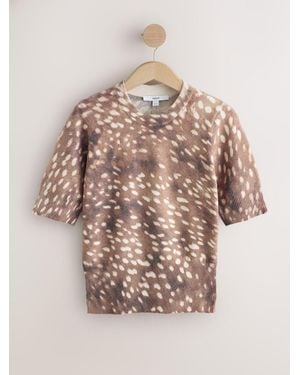 Next Deer Print Supersoft Short Sleeve Knitted Top - Natural