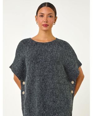 Roman Contrast Roll Neck Button Knit Poncho - Grey