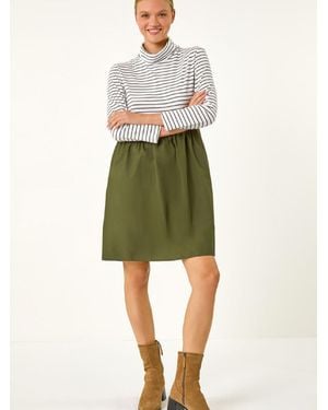 Roman Contrast Stripe High Neck Smock Dress - Green