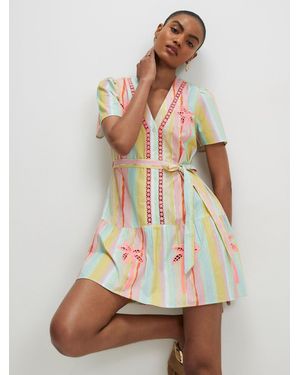 River Island Short Sleeve Stripe Cutwork Belted Shirt Dress - Pink