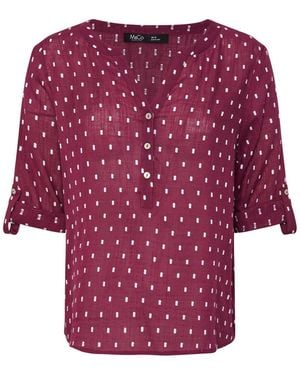 M Com Petite Notch Neck Long Sleeve Dobby Shirt - Red