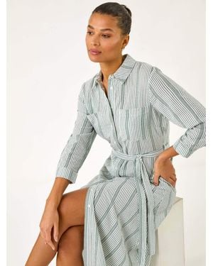 Roman Textured Stripe Belted Shirt 100% Cotton Dress - White