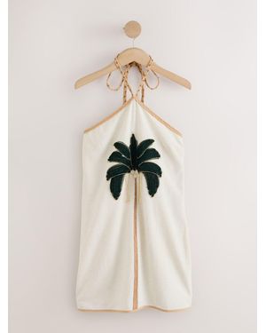 Next Ecru/ Emboidered Palm Tree Halter Neck Mini Dress - Natural
