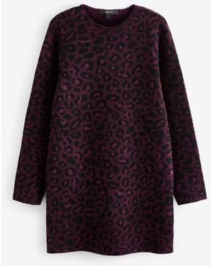 Next Leopard Animal Print Long Sleeve Short Knitted Shift Jumper Dress - Purple