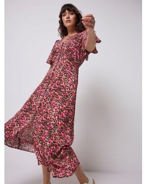 Scamp & Dude Paradise Cheetah Angel Sleeve Midi Tea Dress - Red