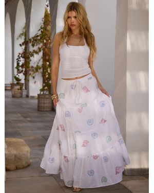 South Beach Sequin Seashell Embroidered Tiered Maxi Skirt - Brown