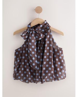 Next Chocolate/ Polka Dot Bubblehem Tie Neck Sleeveless Top - Brown