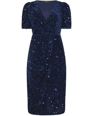 M Com Sequin Velvet Short Sleeve Wrap Dress - Blue