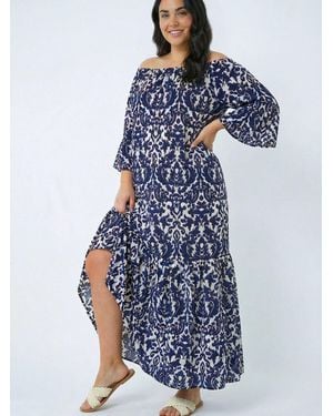 Roman Curve Printed Bardot Maxi Dress - Blue