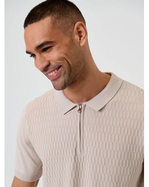 Threadbare Textured Knit Quarter Zip Polo Shirt - Brown