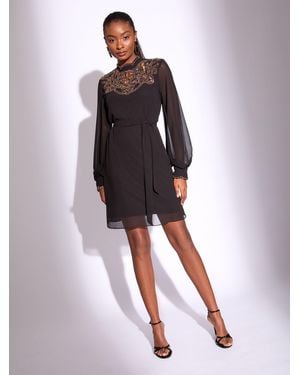 Lipsy Petite Embellished Cut Out Artwork Long Sleeve Mini Shift Dress - Black